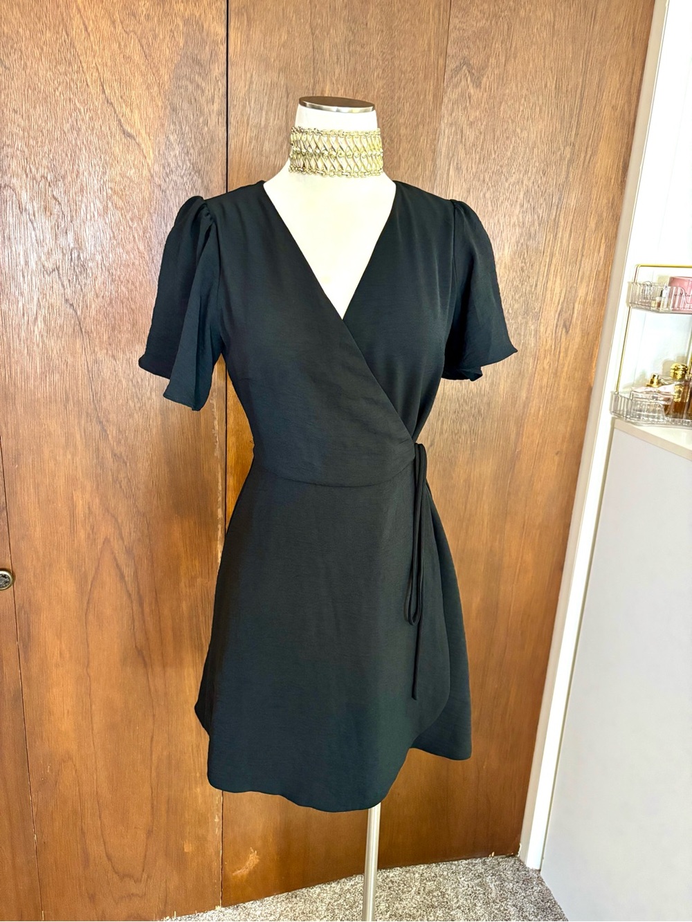 Classic Black Wrap Dress — Women's Elegant Short Sleeve